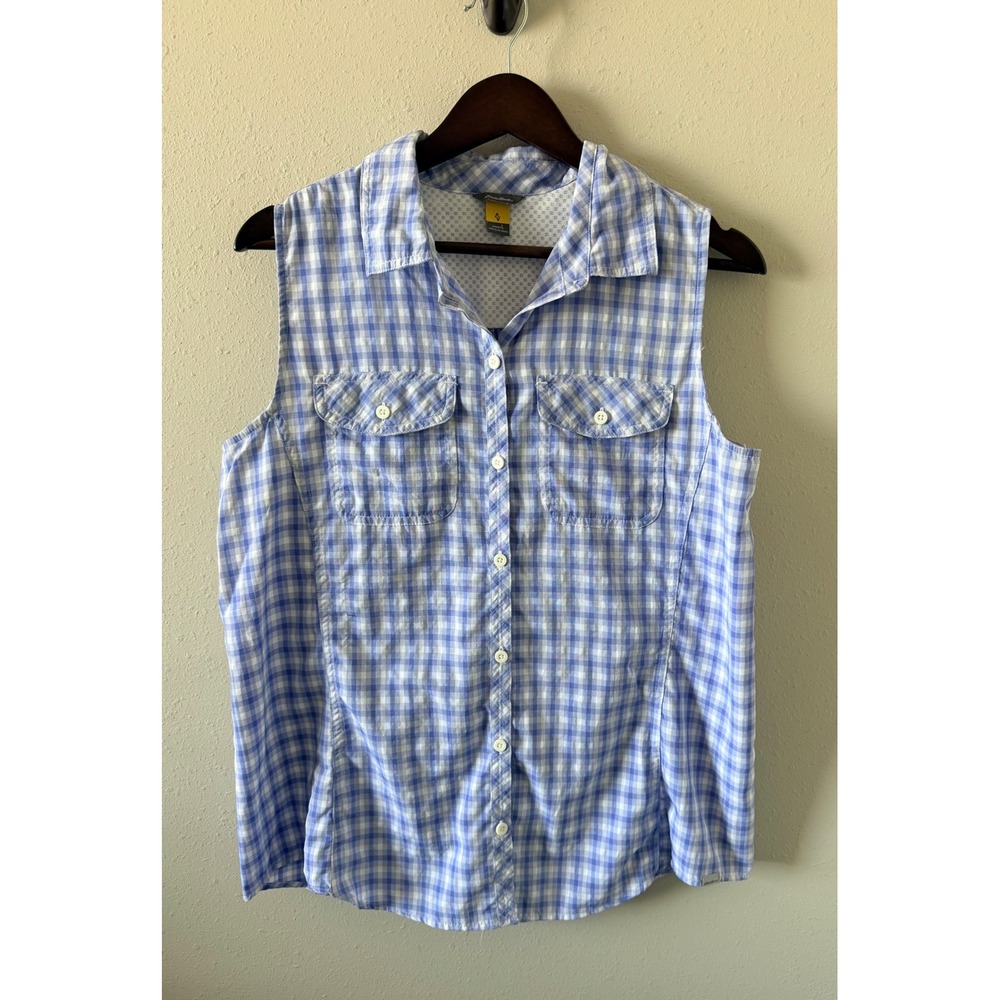 Eddie Bauer Women's L Blue Plaid Sleeveless Travex Hiking Travel Shirt Gorpcore